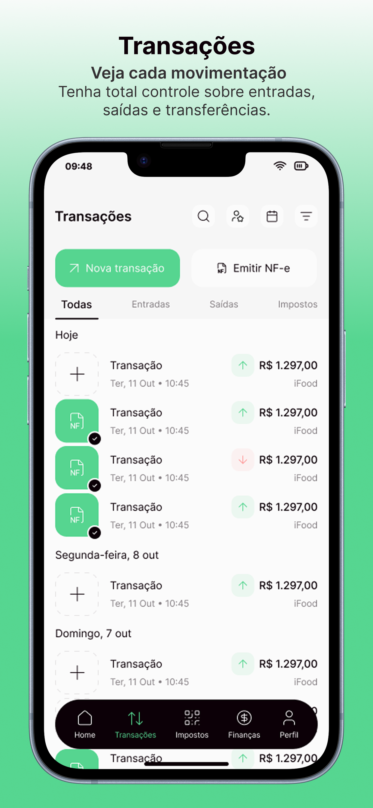 Tela de transações: entradas, saídas e emissão de NF-e.