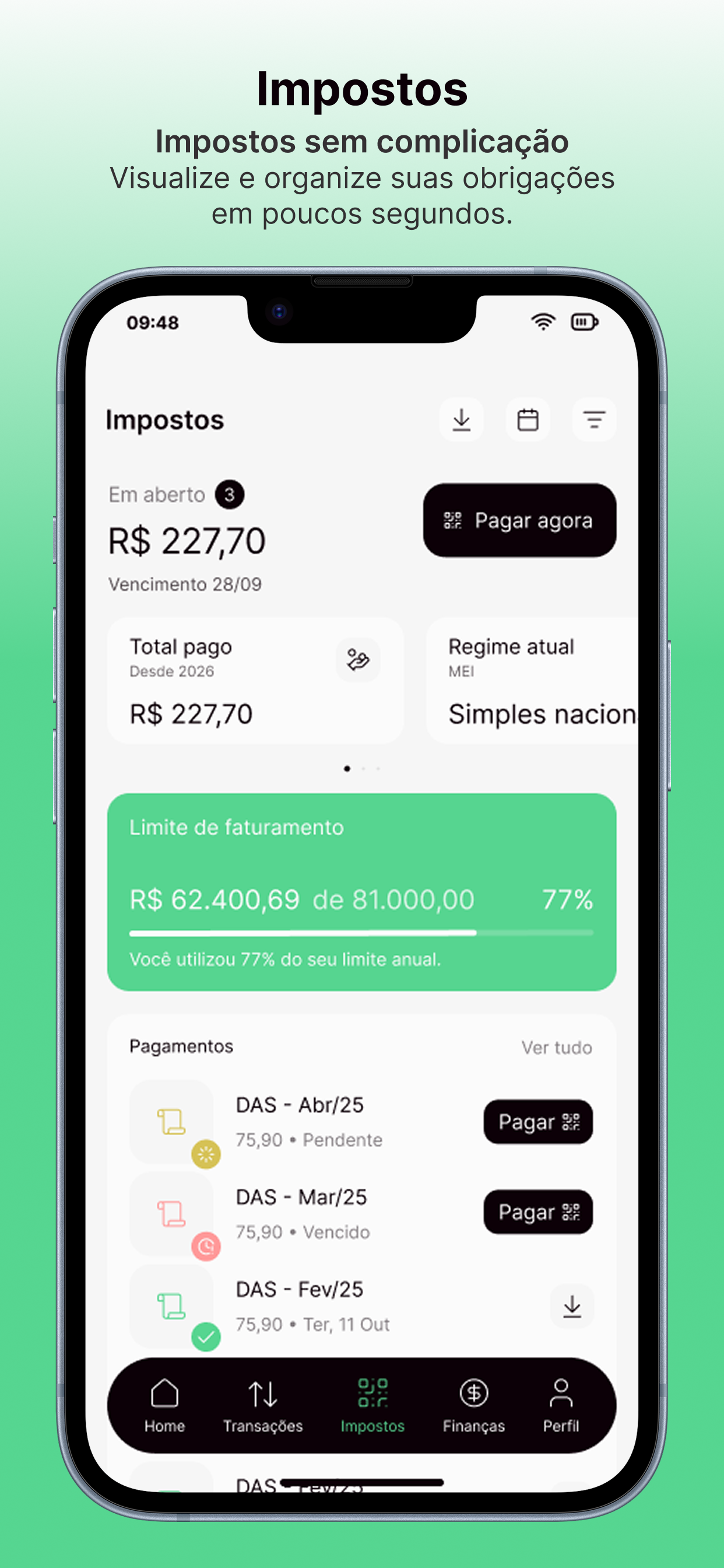 Tela de impostos: DAS em aberto, limite de faturamento e pagamentos.