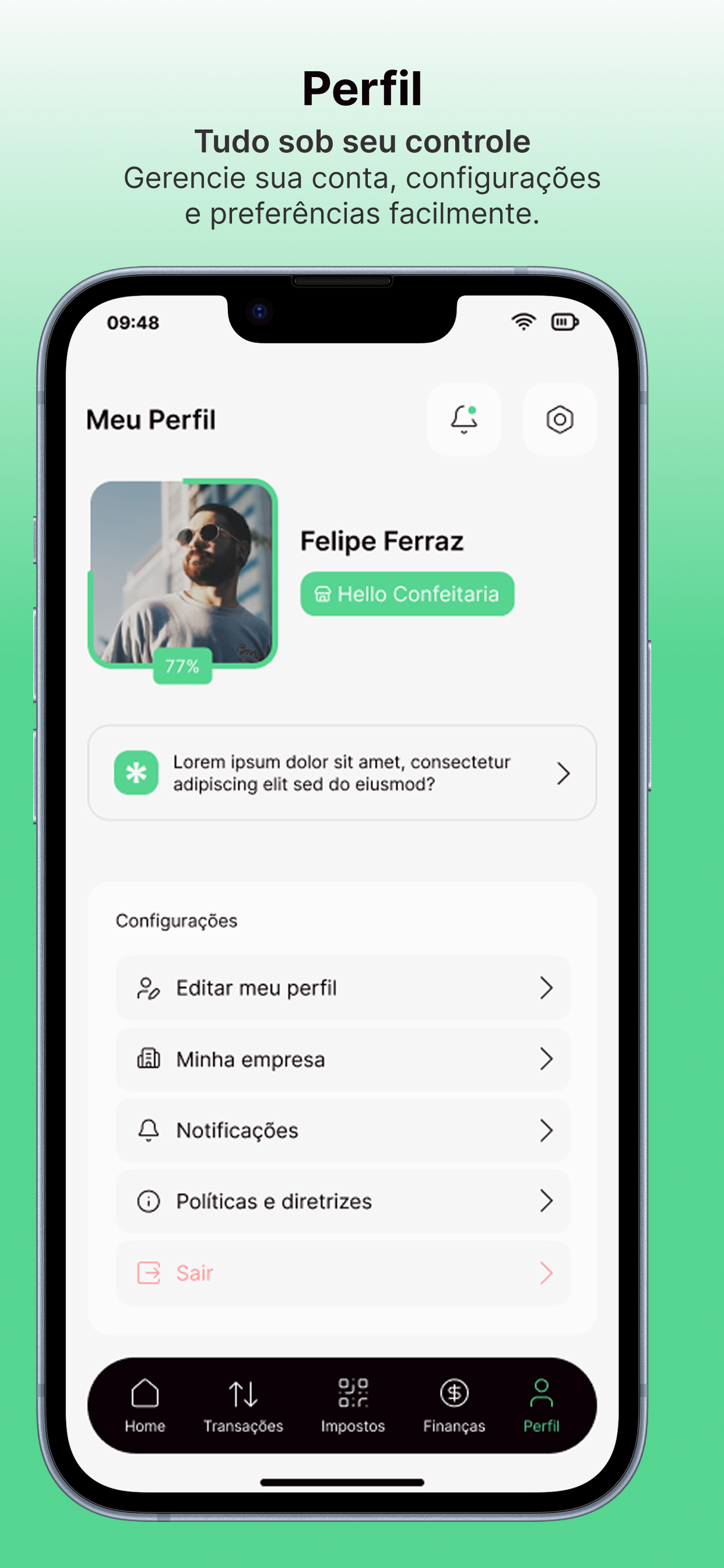 Tela de perfil: dados da conta, minha empresa e configurações.